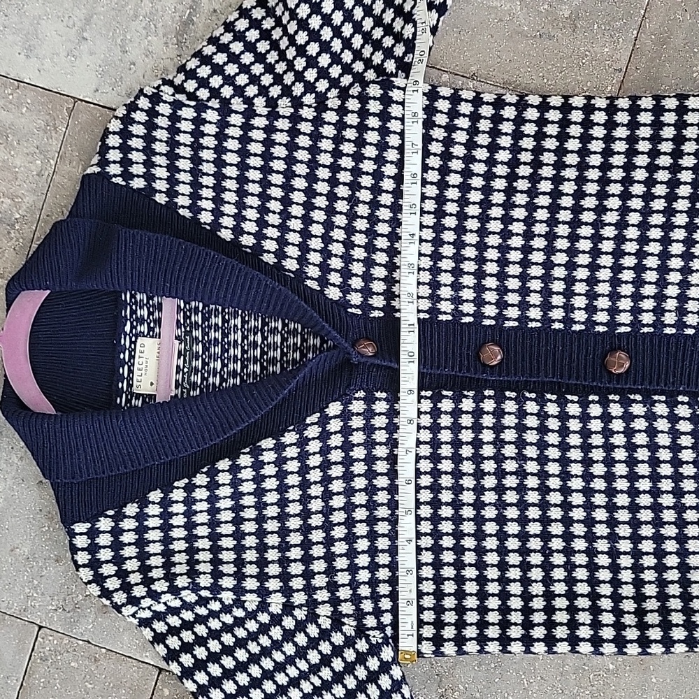 Selected Homme Shawl Neck Cardigan Lambs Wool Blue & White Dotted Sz S - Picture 10 of 11